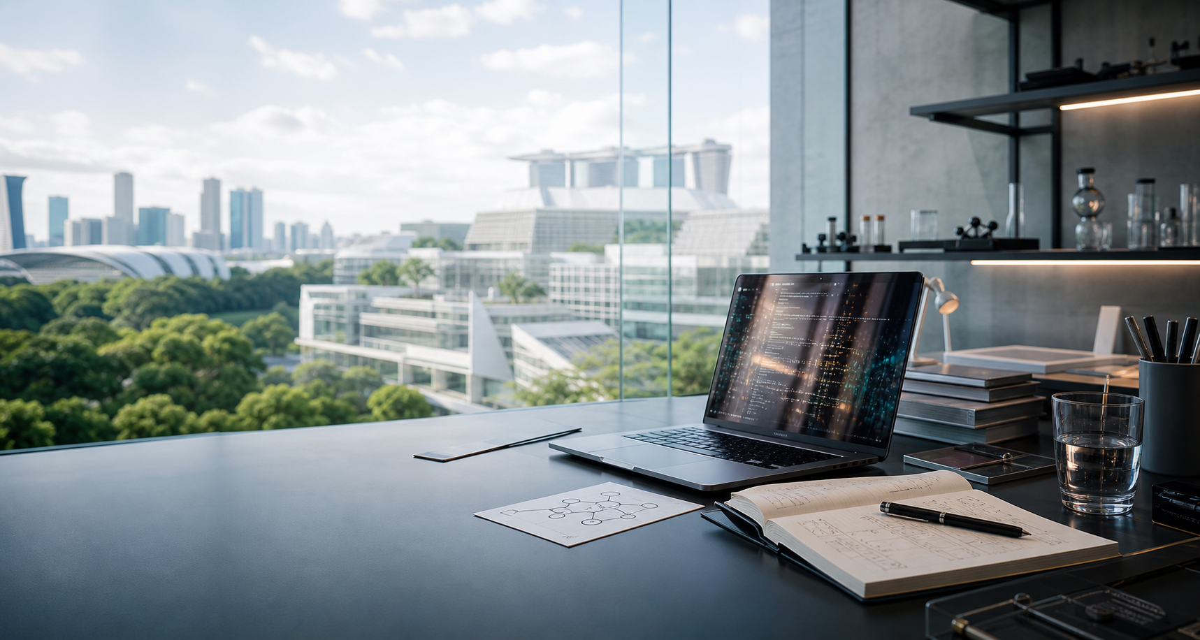 Modern research and software engineering workspace overlooking Singapore